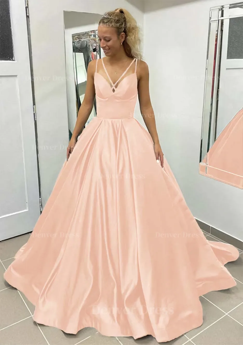 Ball Gown Sleeveless Scalloped Neck Sweep Train Satin Prom Dress With Pleated Pockets