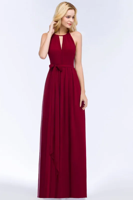 Beautiful Halter Ruffle Chiffon Aline Bridesmaid Dress with Sash?Simple Wedding Guest Dress