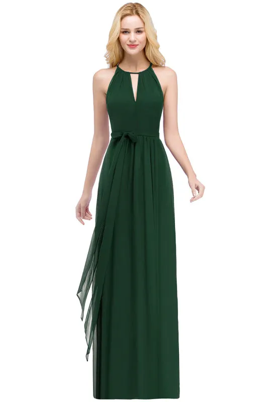 Beautiful Halter Ruffle Chiffon Aline Bridesmaid Dress with Sash?Simple Wedding Guest Dress