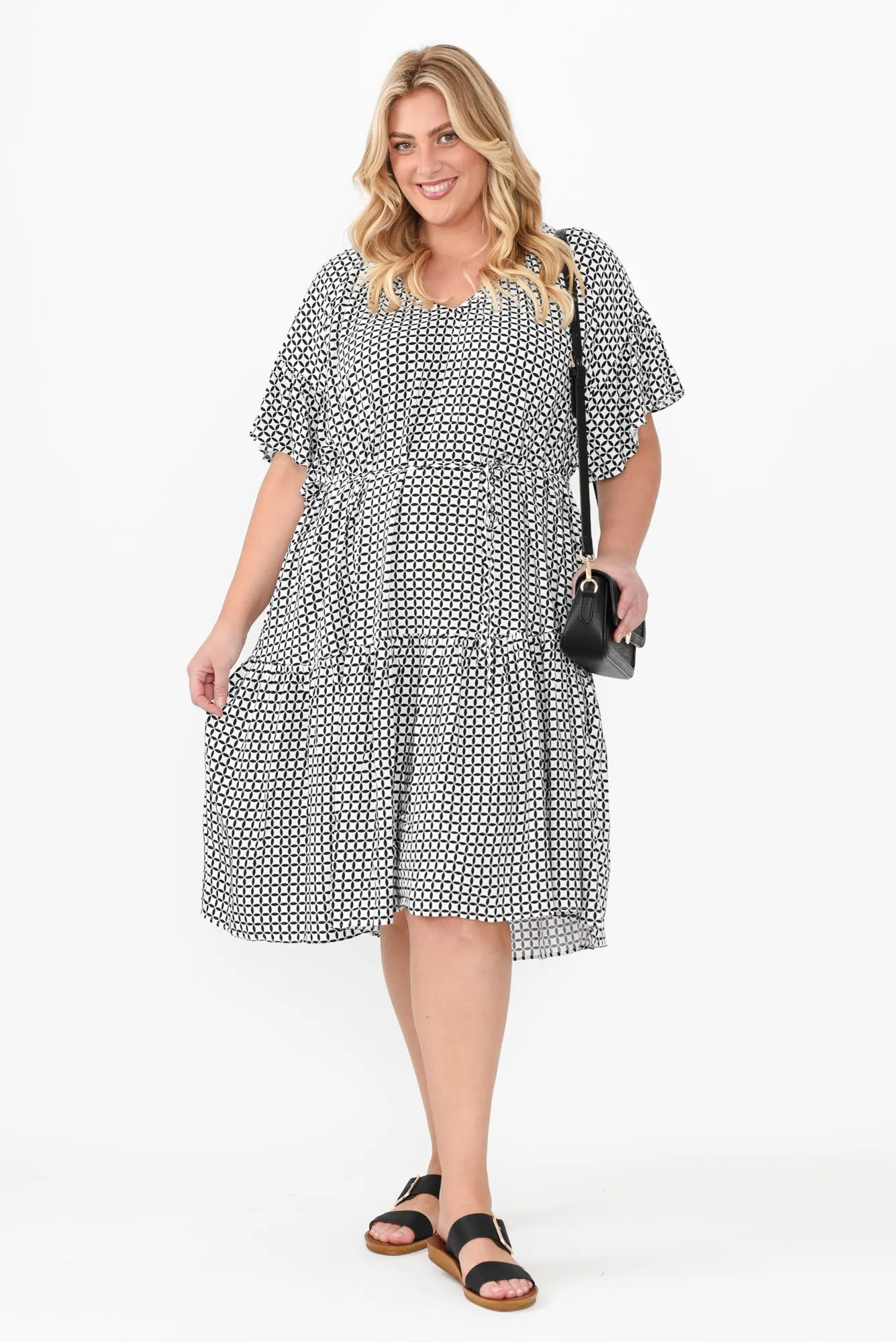 Bella Black Geo Flutter Sleeve Dress