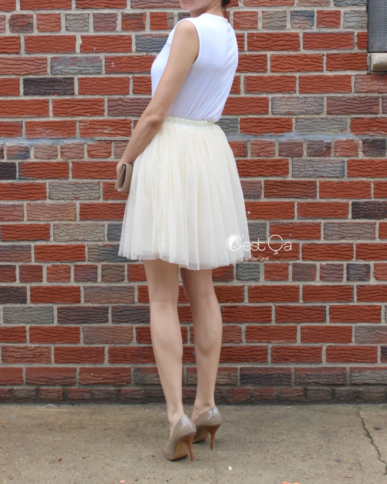 Beth Champagne Polka Dot Tulle Skirt - Petite Midi