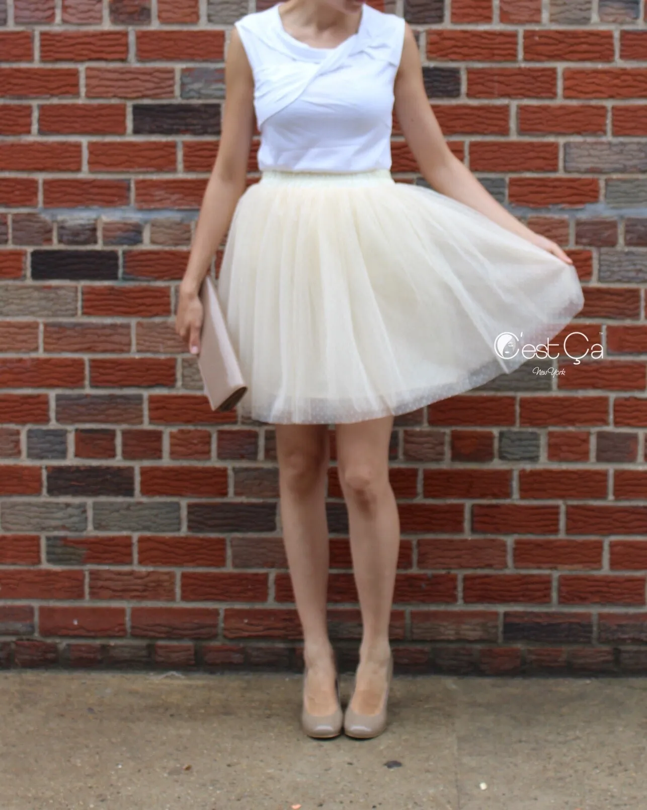 Beth Champagne Polka Dot Tulle Skirt - Petite Midi