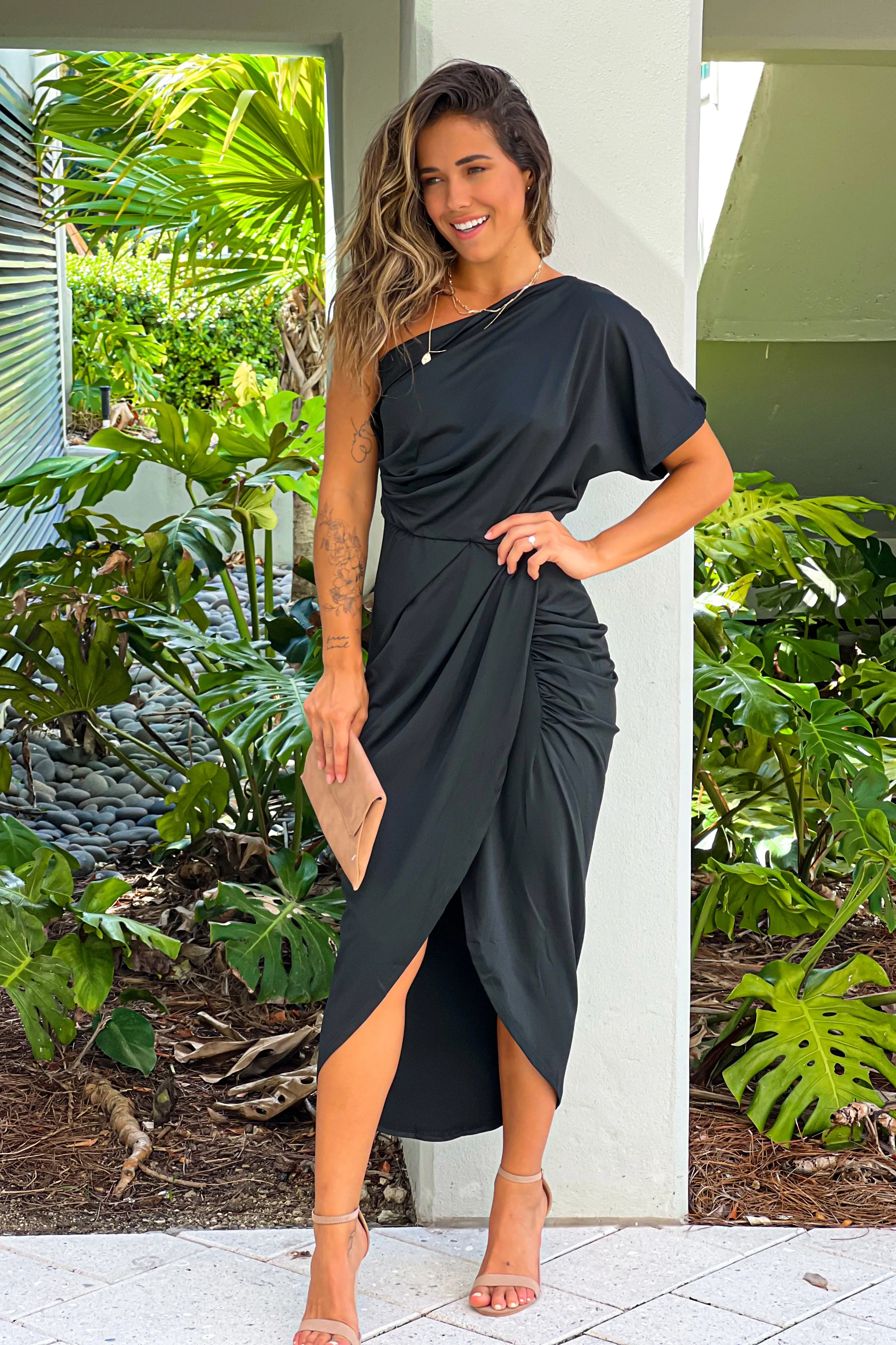 Black Bodycon One Shoulder Ruched Dress