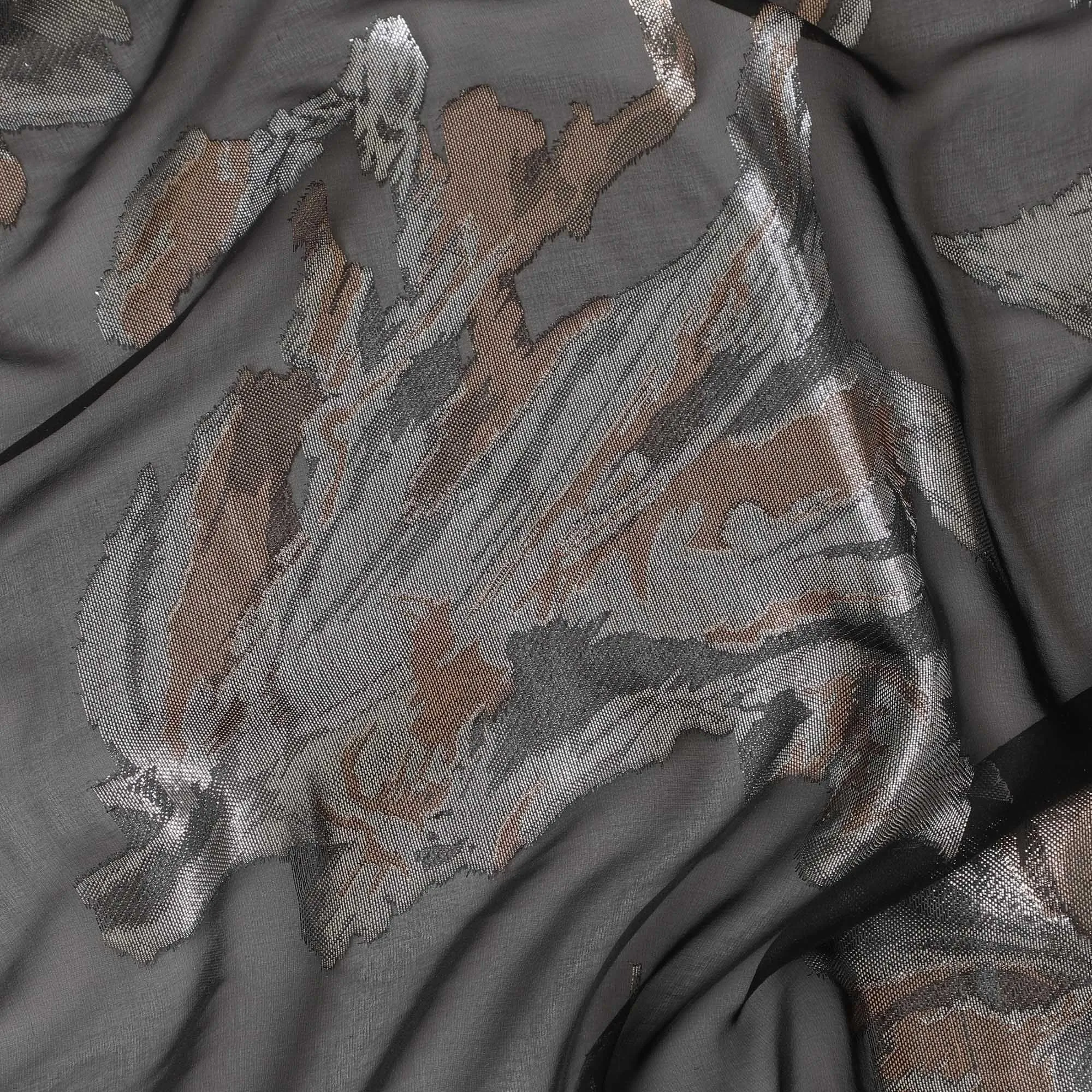 Black French silk chiffon fabric with multicolor metallic lurex in abstract design-D6487