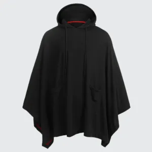 Black Hooded Poncho With Pockets