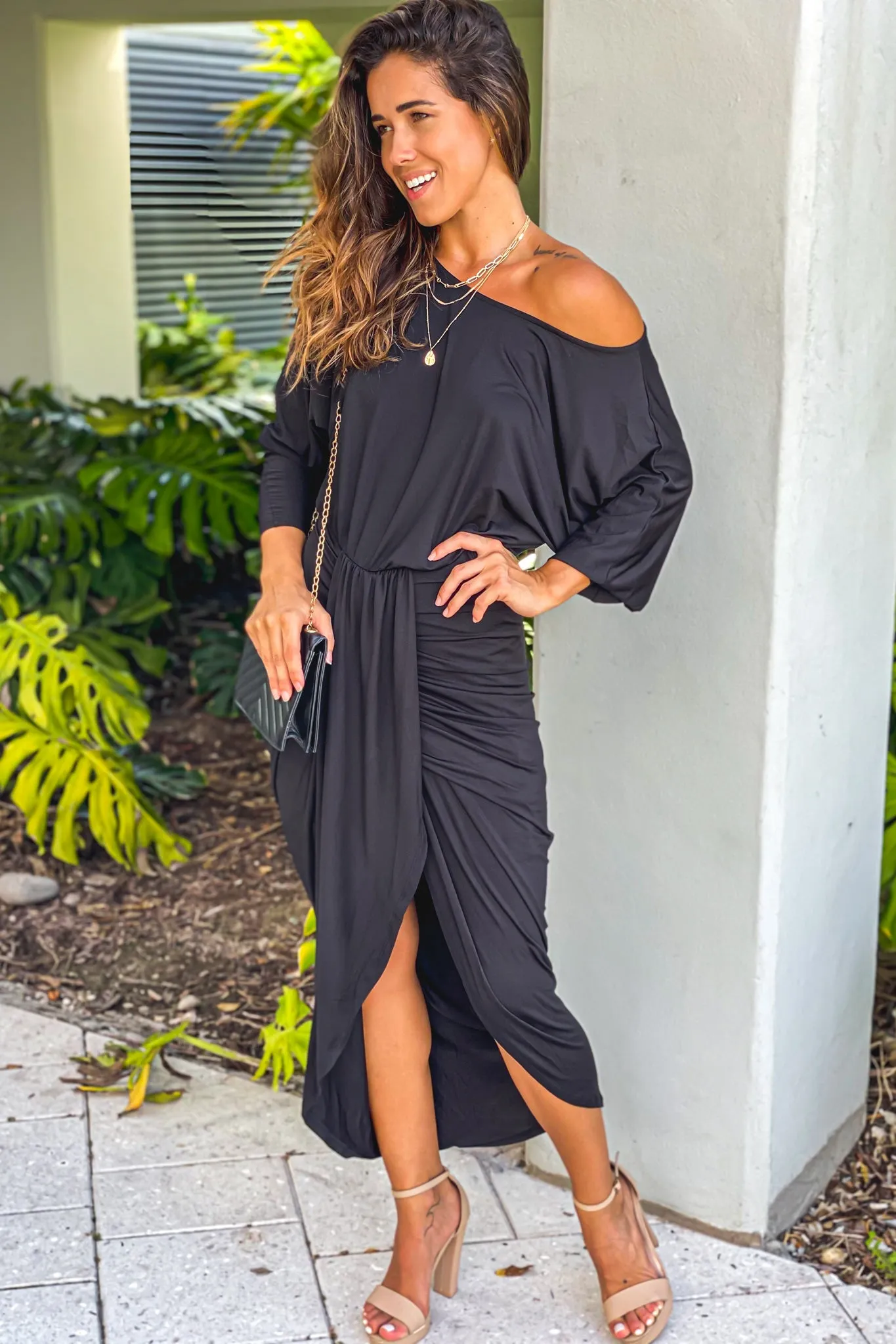 Black One Shoulder Ruched Dress