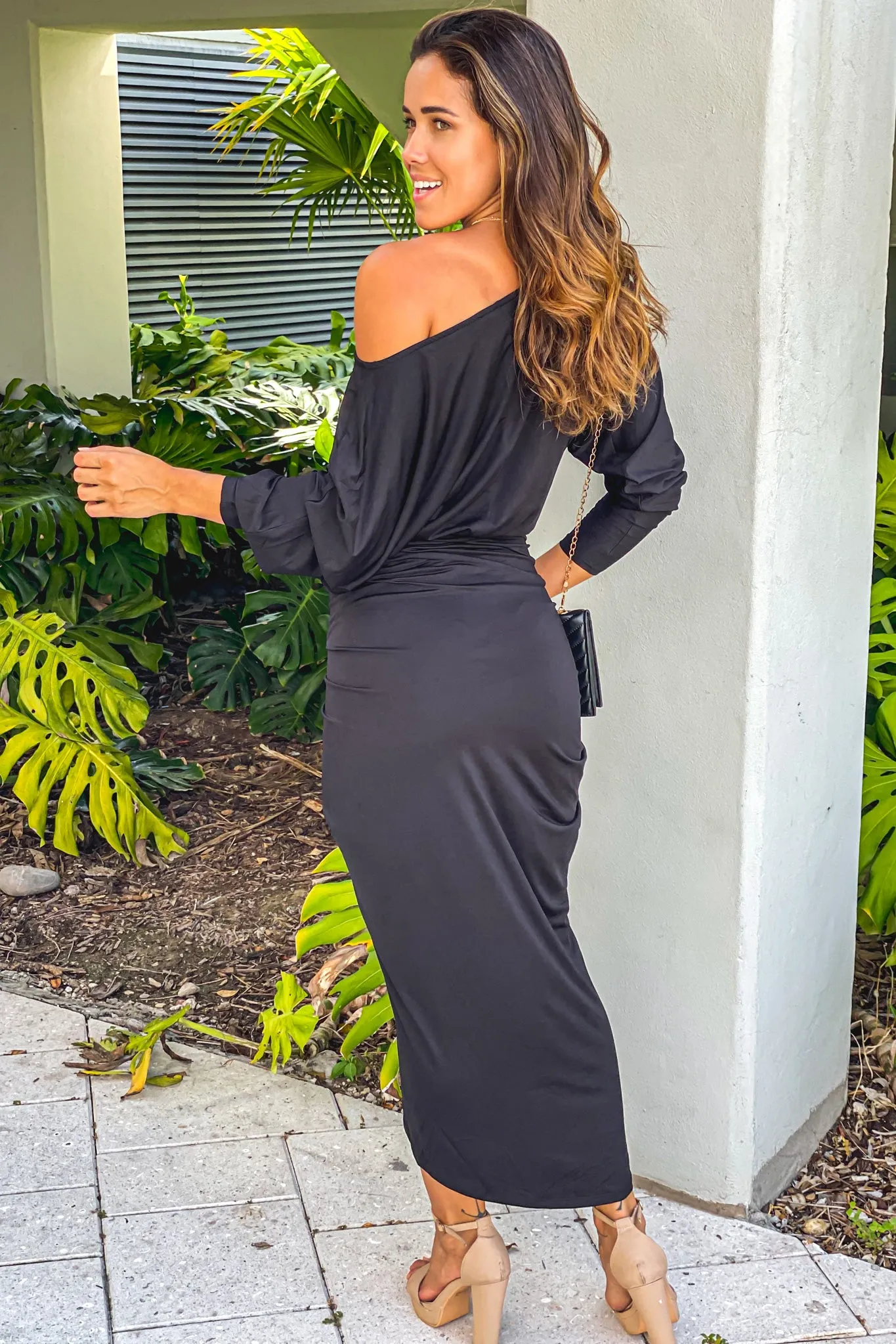 Black One Shoulder Ruched Dress