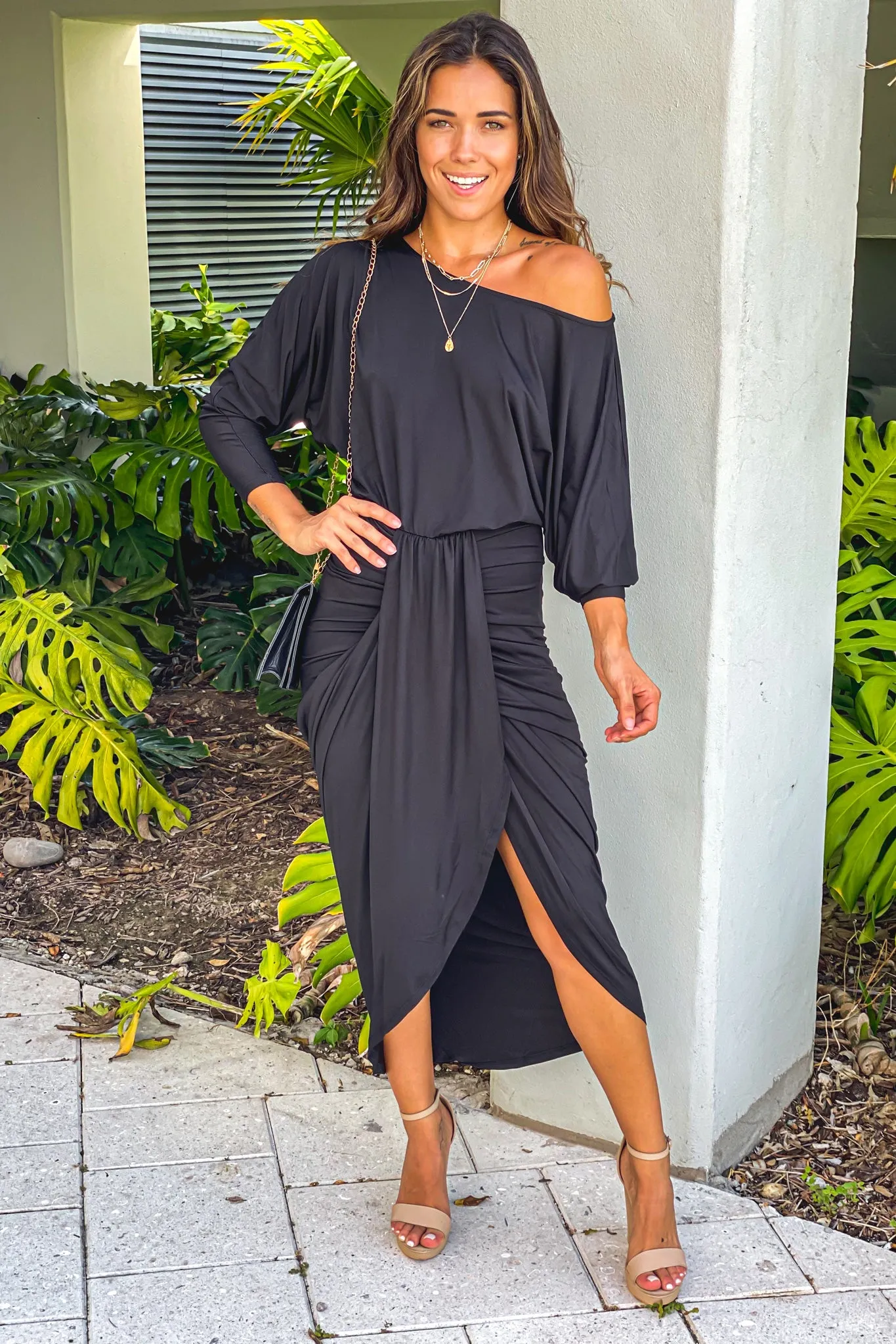 Black One Shoulder Ruched Dress