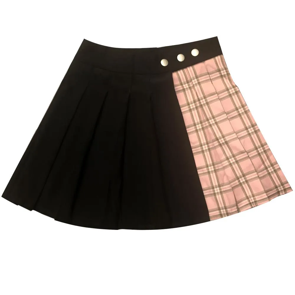 Black Pink Plaid Pleated Skirt SD00723