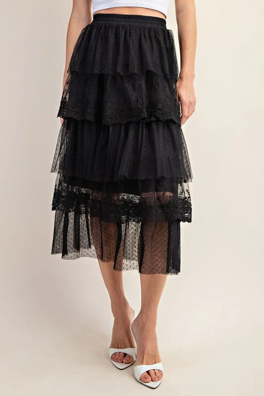 Black Ruffled Tulle Midi Skirt