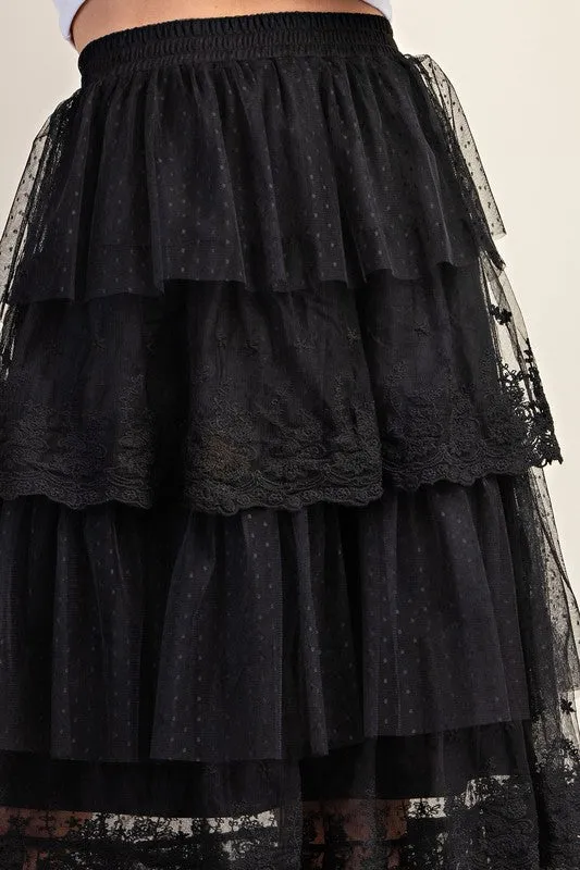 Black Ruffled Tulle Midi Skirt