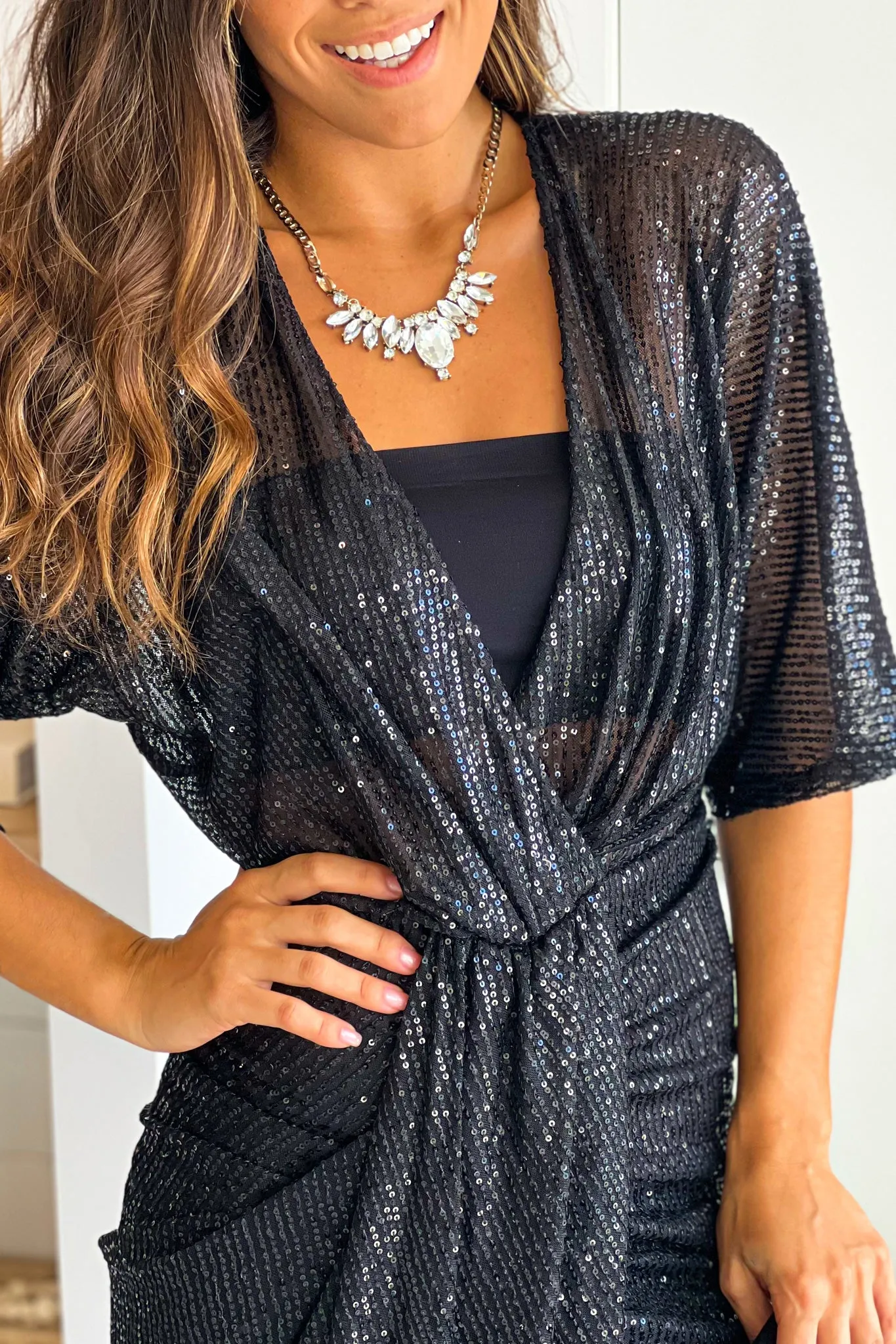 Black Sequin Ruched Dress