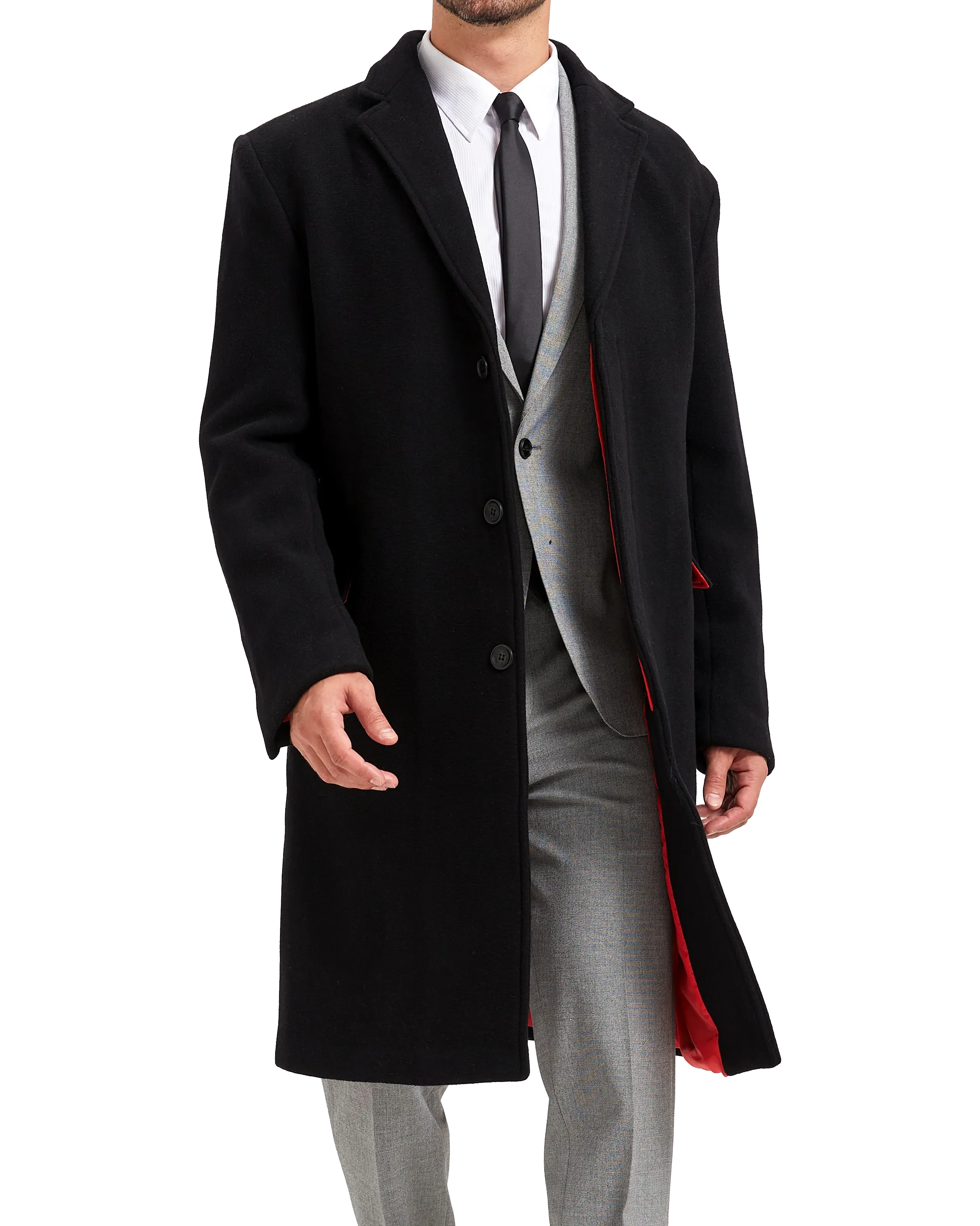 Black Wool Cashmere Bond Overcoat Red Lining