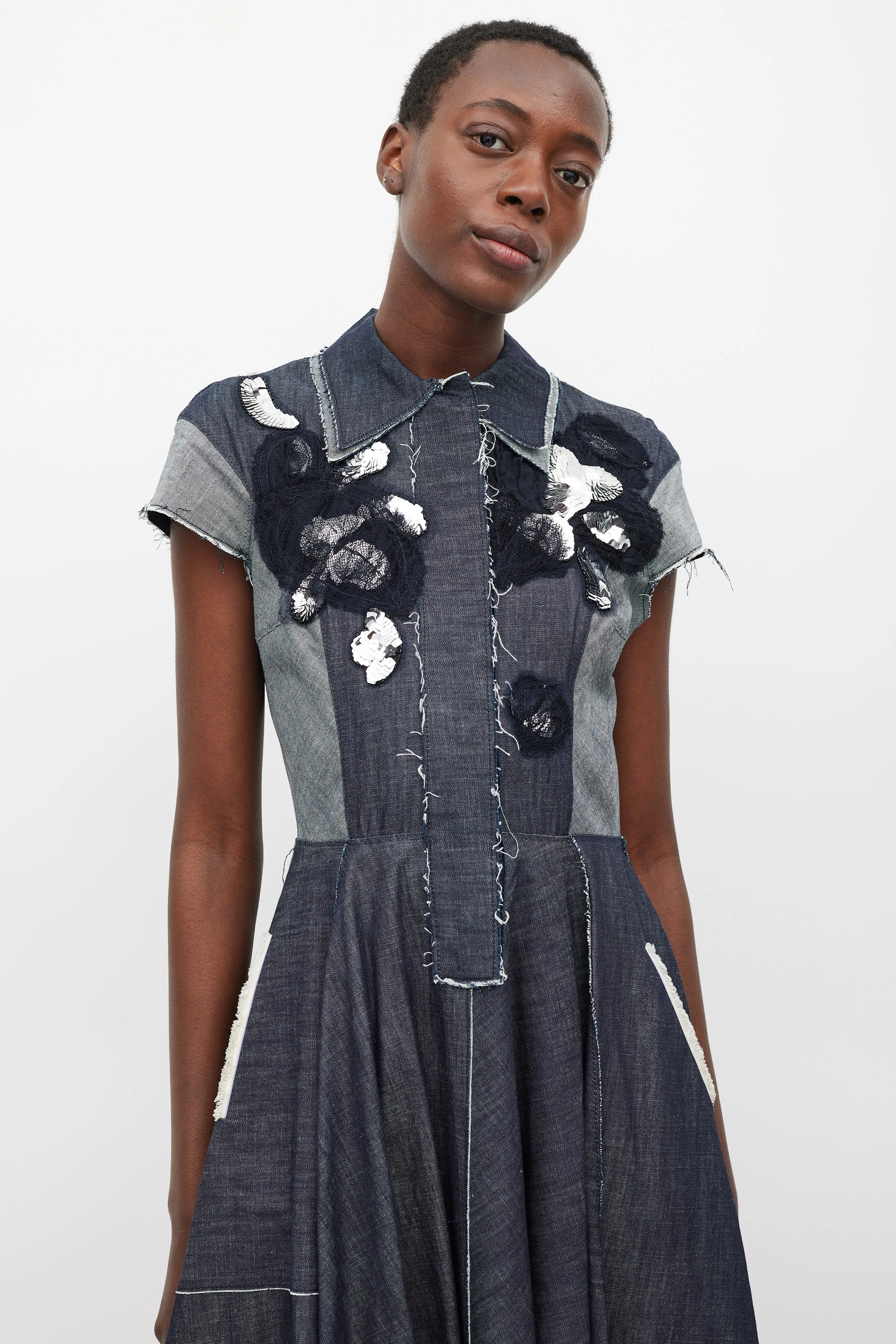 Blue Denim Panelled Embellished Dress