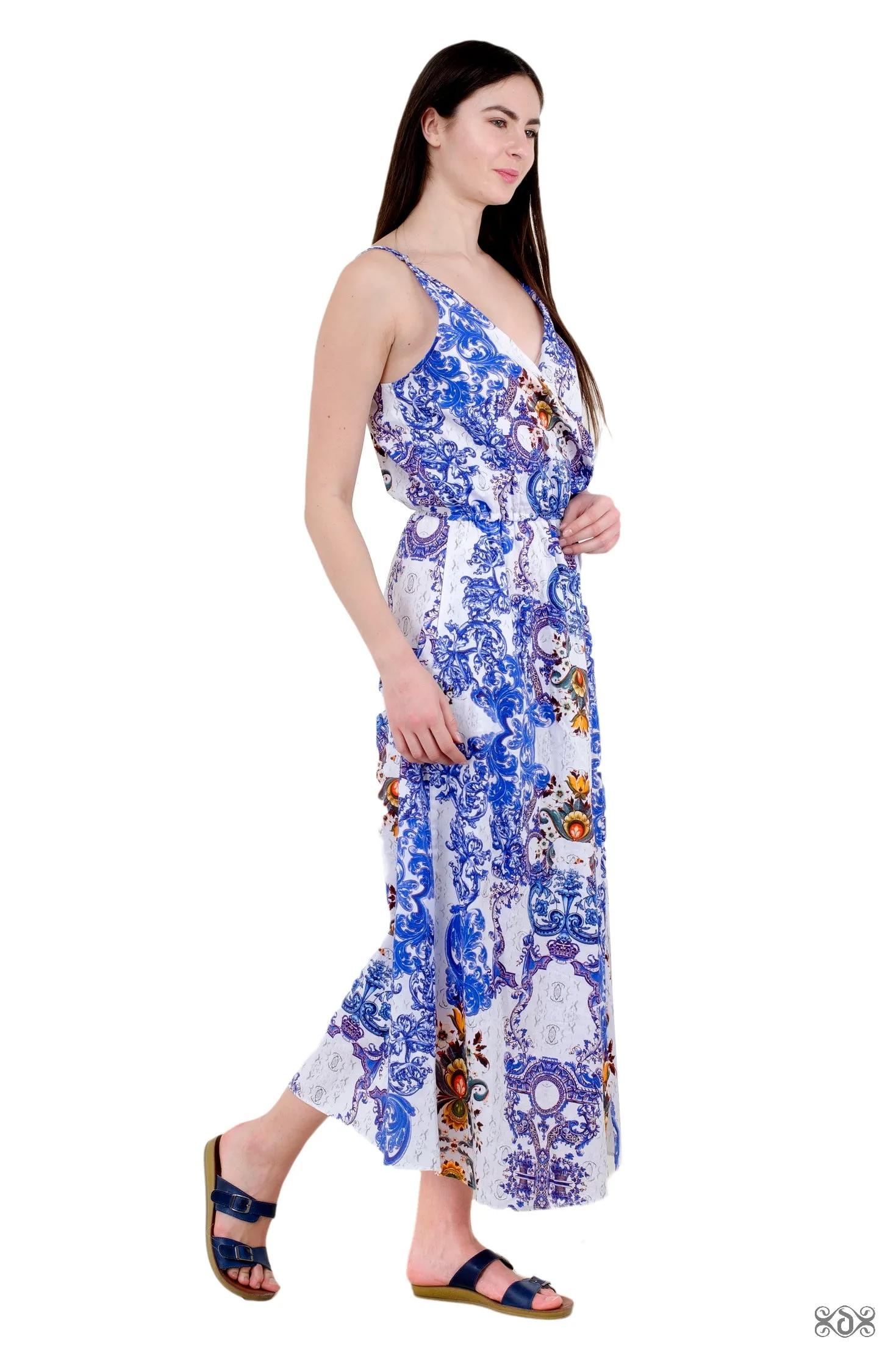 Blue Florals Long Wrap Dress, Pure Cotton Dress, Long Straps Dress, Pocket Dress,