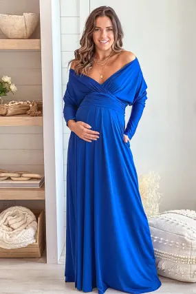 Blue Maternity Maxi Dress With Dolman Sleeves And Pockets