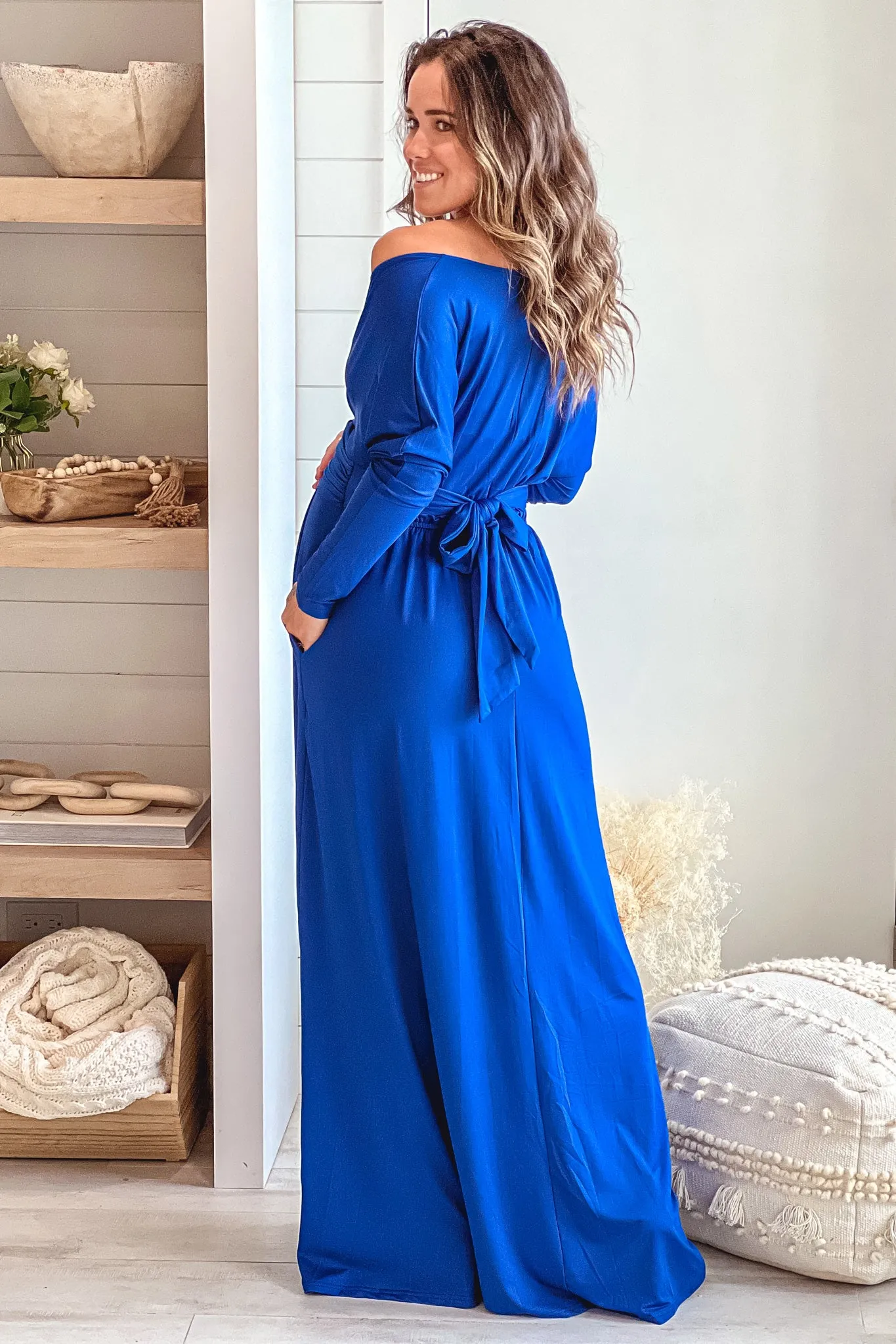 Blue Maternity Maxi Dress With Dolman Sleeves And Pockets