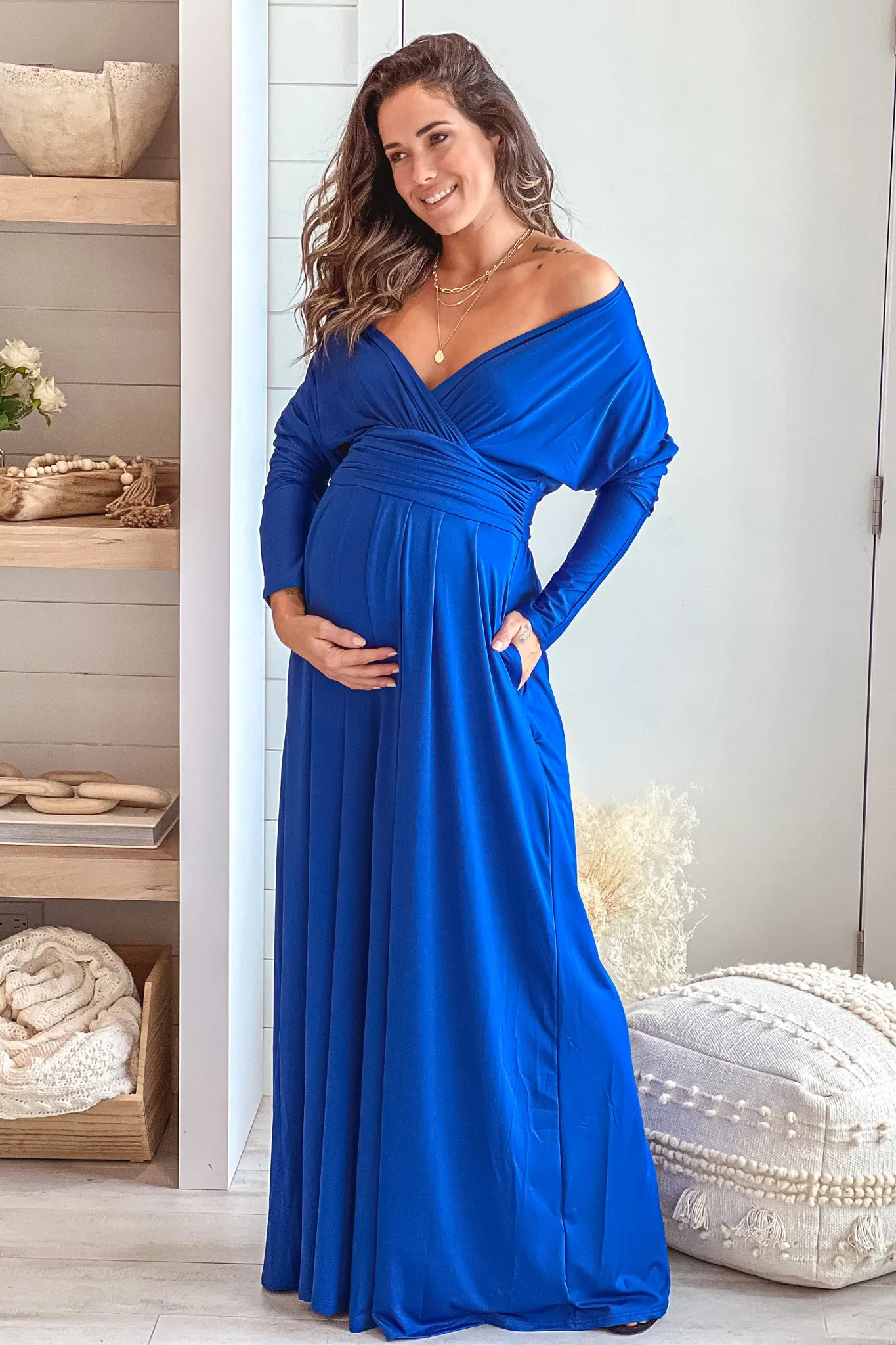 Blue Maternity Maxi Dress With Dolman Sleeves And Pockets