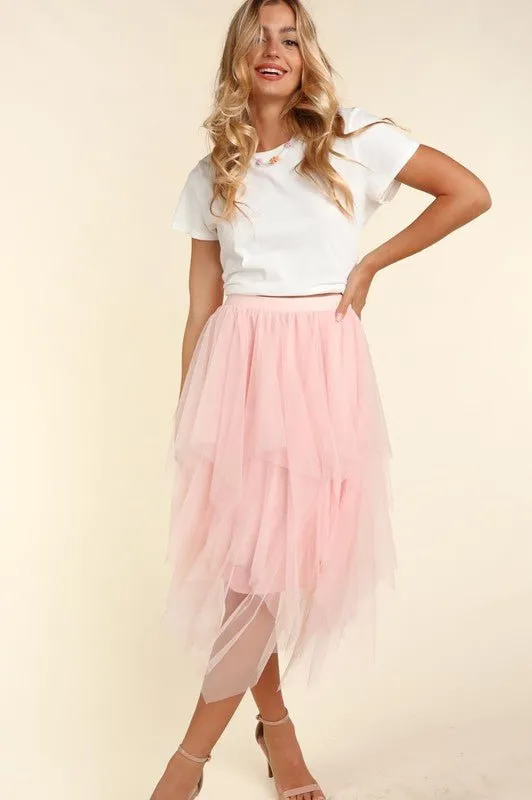 BLUSH TULLE TIERED MIDI SKIRT