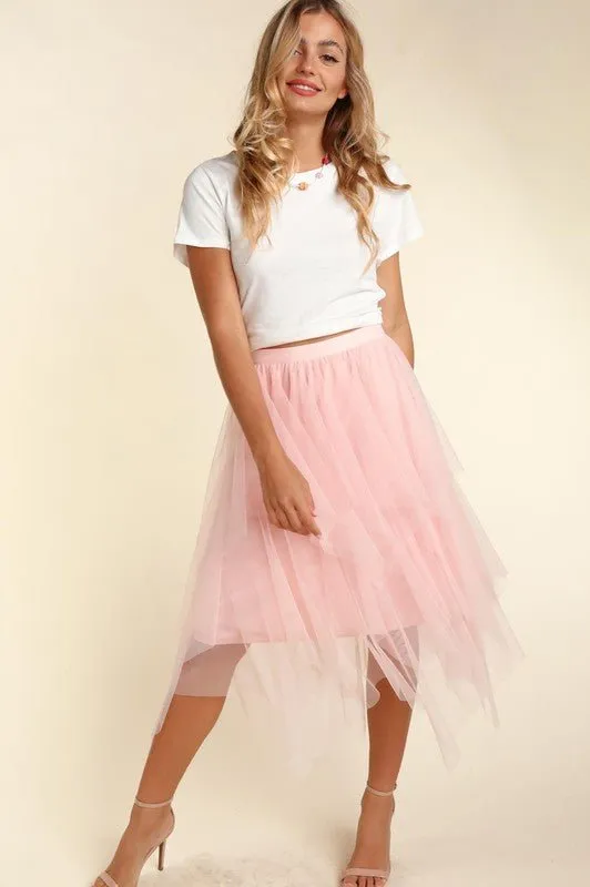 BLUSH TULLE TIERED MIDI SKIRT