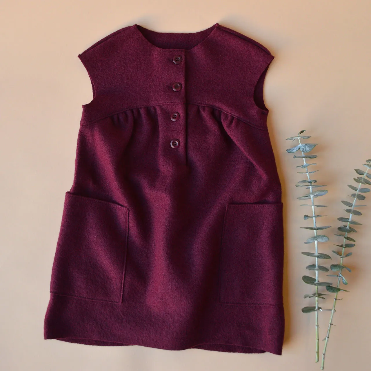 Boiled Wool Pocket Dress - Cassis (1-8y)