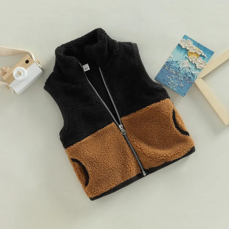 Boys Sherpa Vest - Two Tone Black & Tan