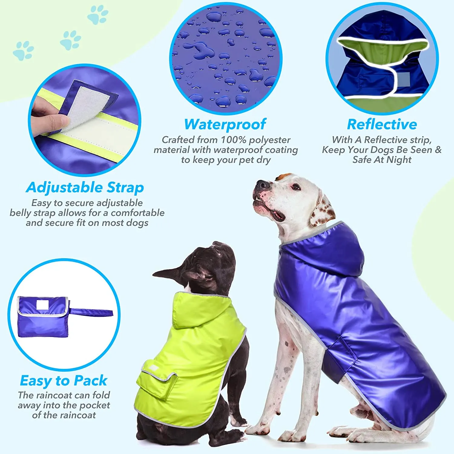 BSEEN Reversible Dog Raincoat, Adjustable Reflective Stripe Hooded, Waterproof Dog Rain Jacket for Large Dogs