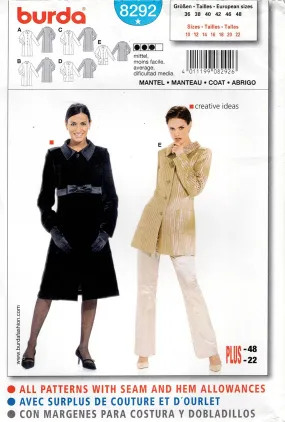 Burda 8292 Womens Coats & Jackets Out Of Print Sewing Pattern Sizes 10 - 22 UNCUT Factory Folded