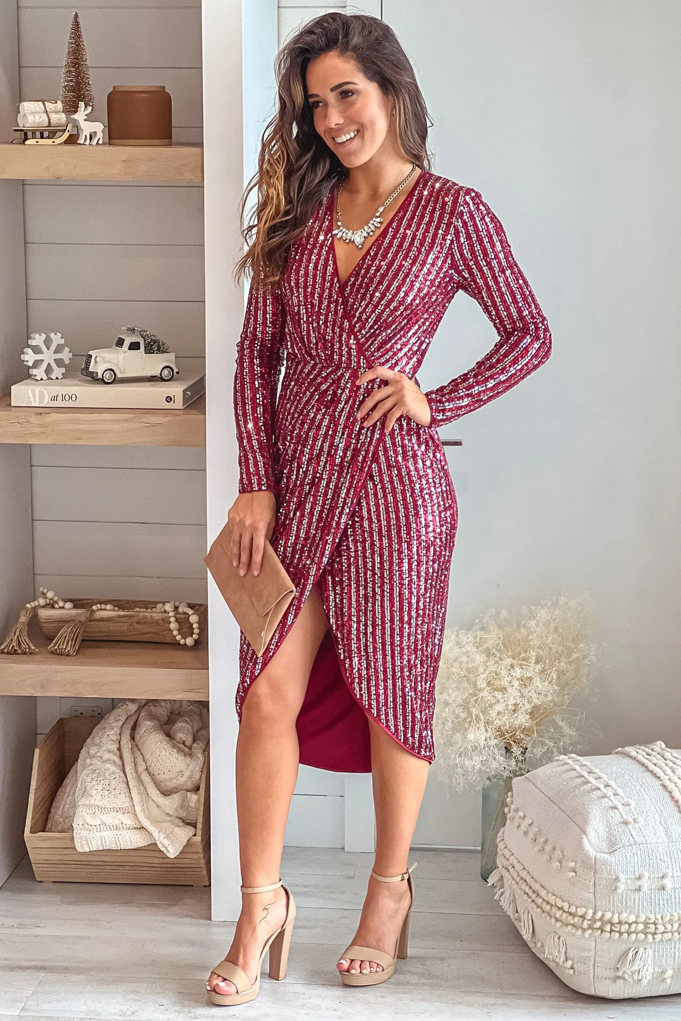 Burgundy And Silver Sequin Long Sleeve Wrap Front Midi Dress