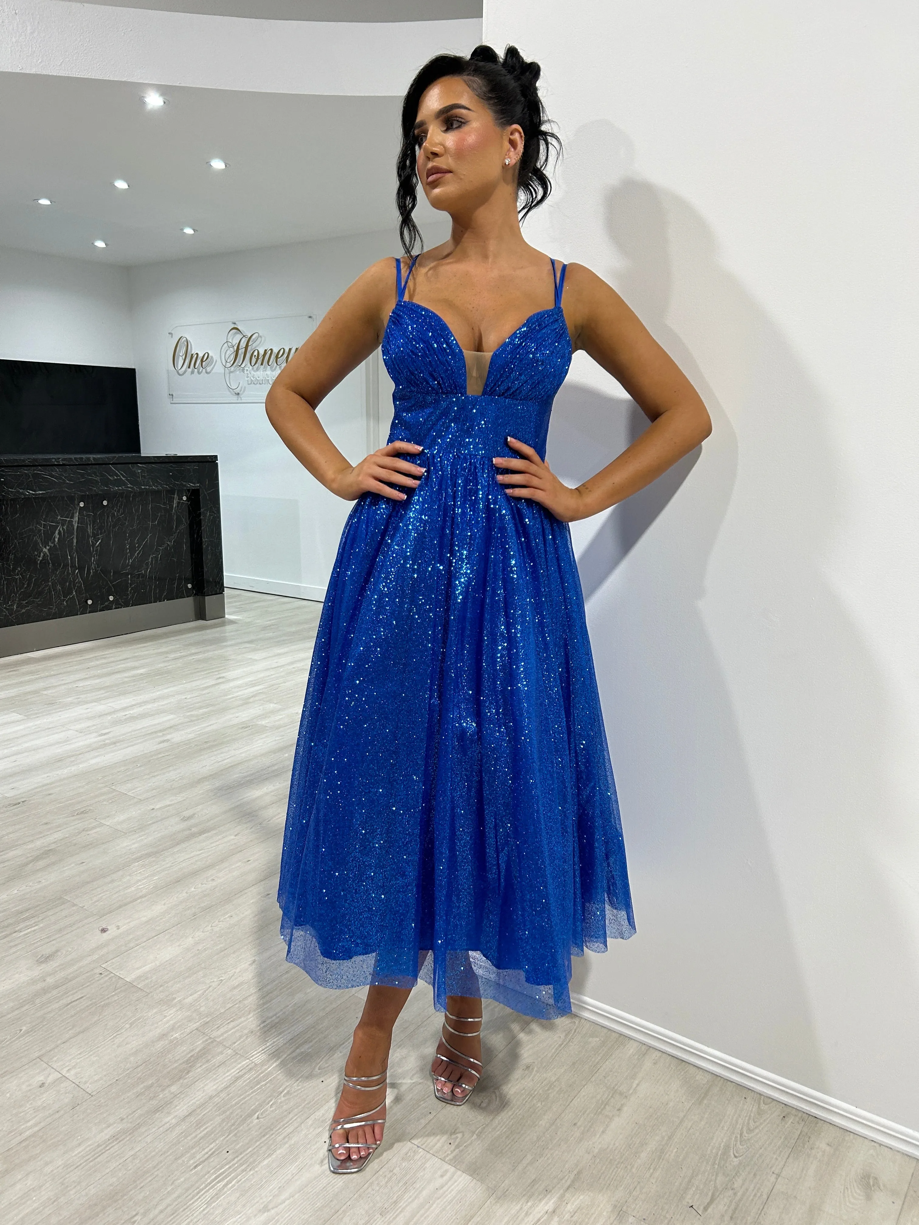 CAM Glitter Tea Length Ball Gown Corset Midi Dress