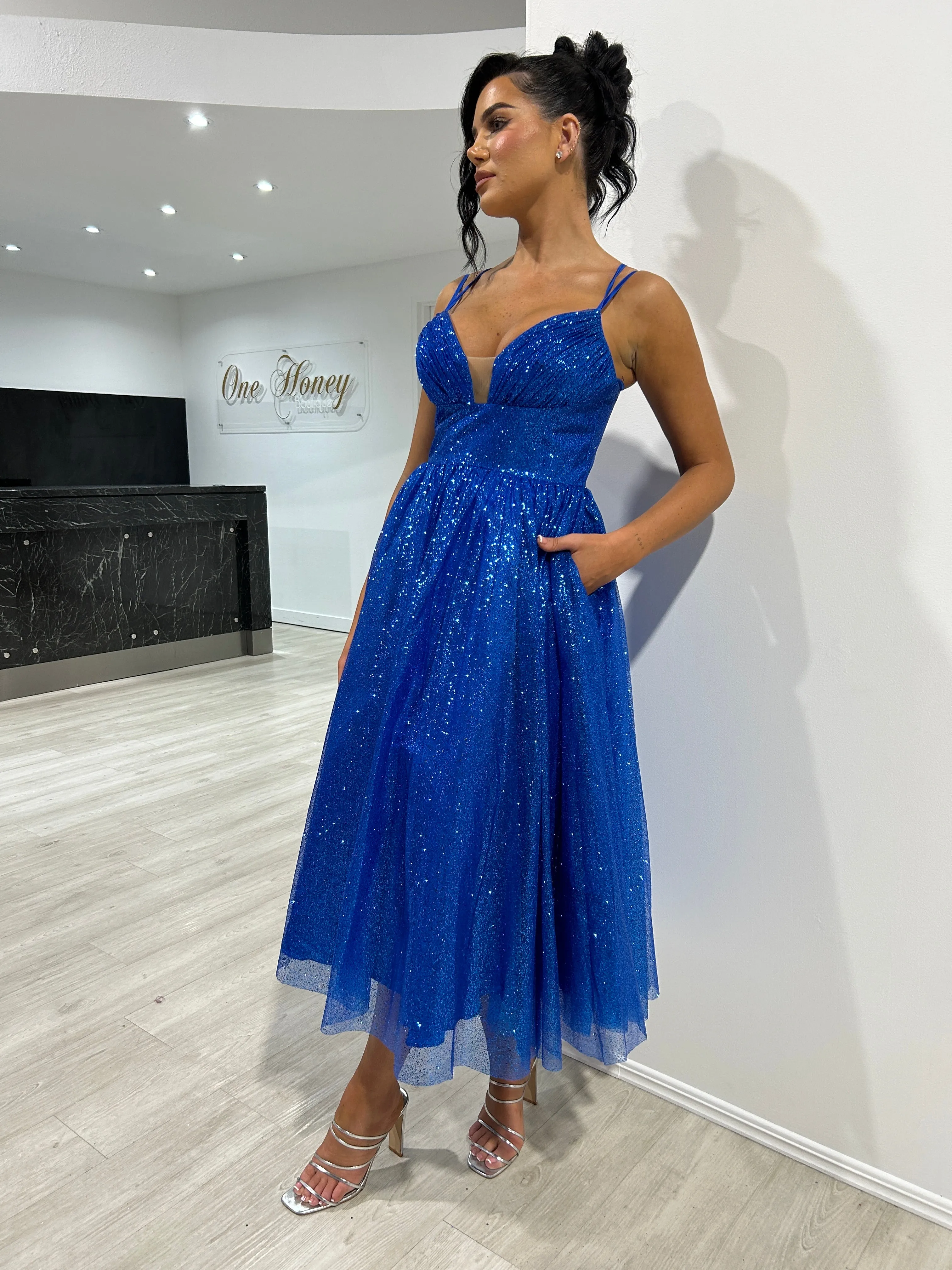 CAM Glitter Tea Length Ball Gown Corset Midi Dress