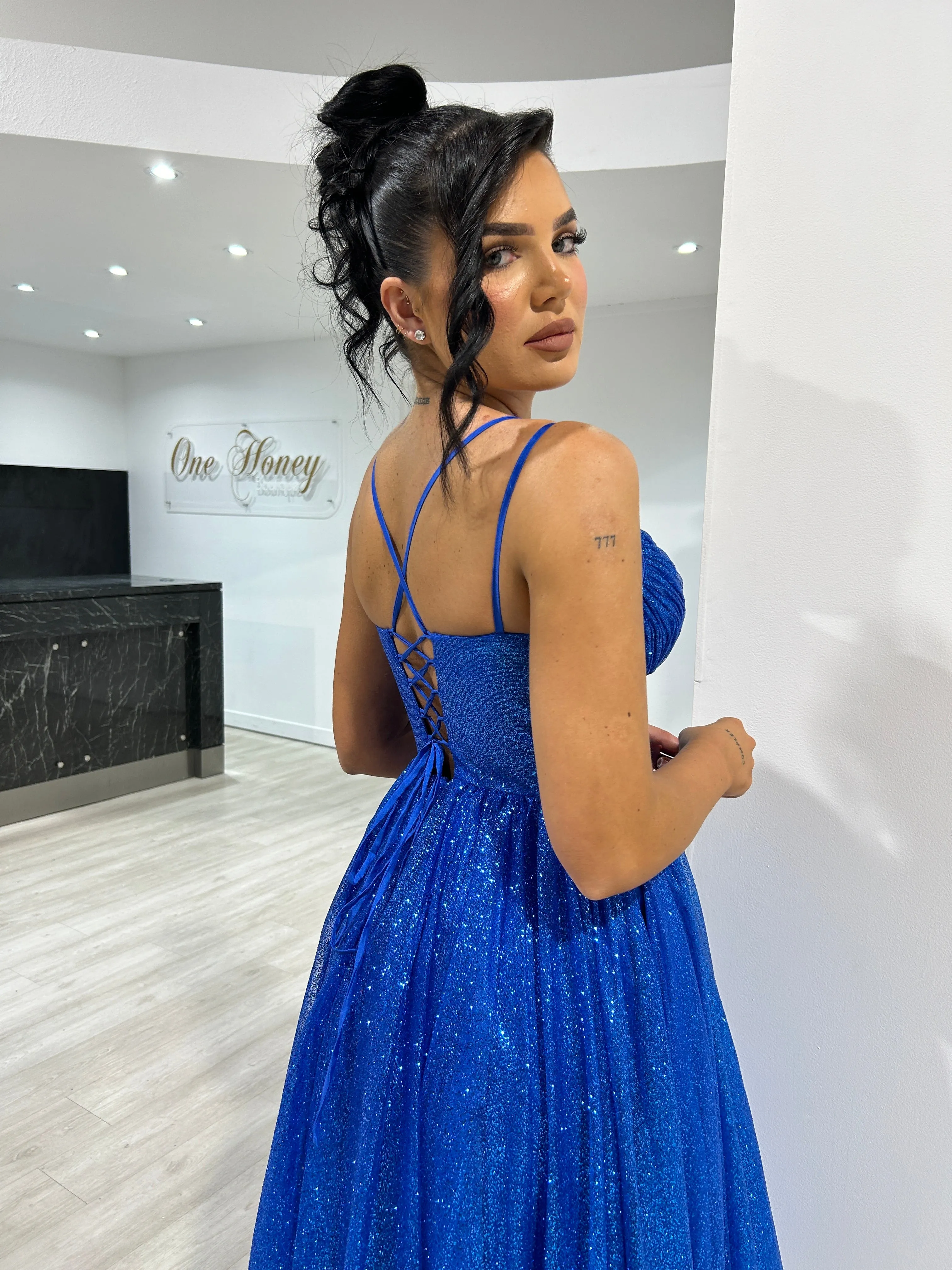 CAM Glitter Tea Length Ball Gown Corset Midi Dress