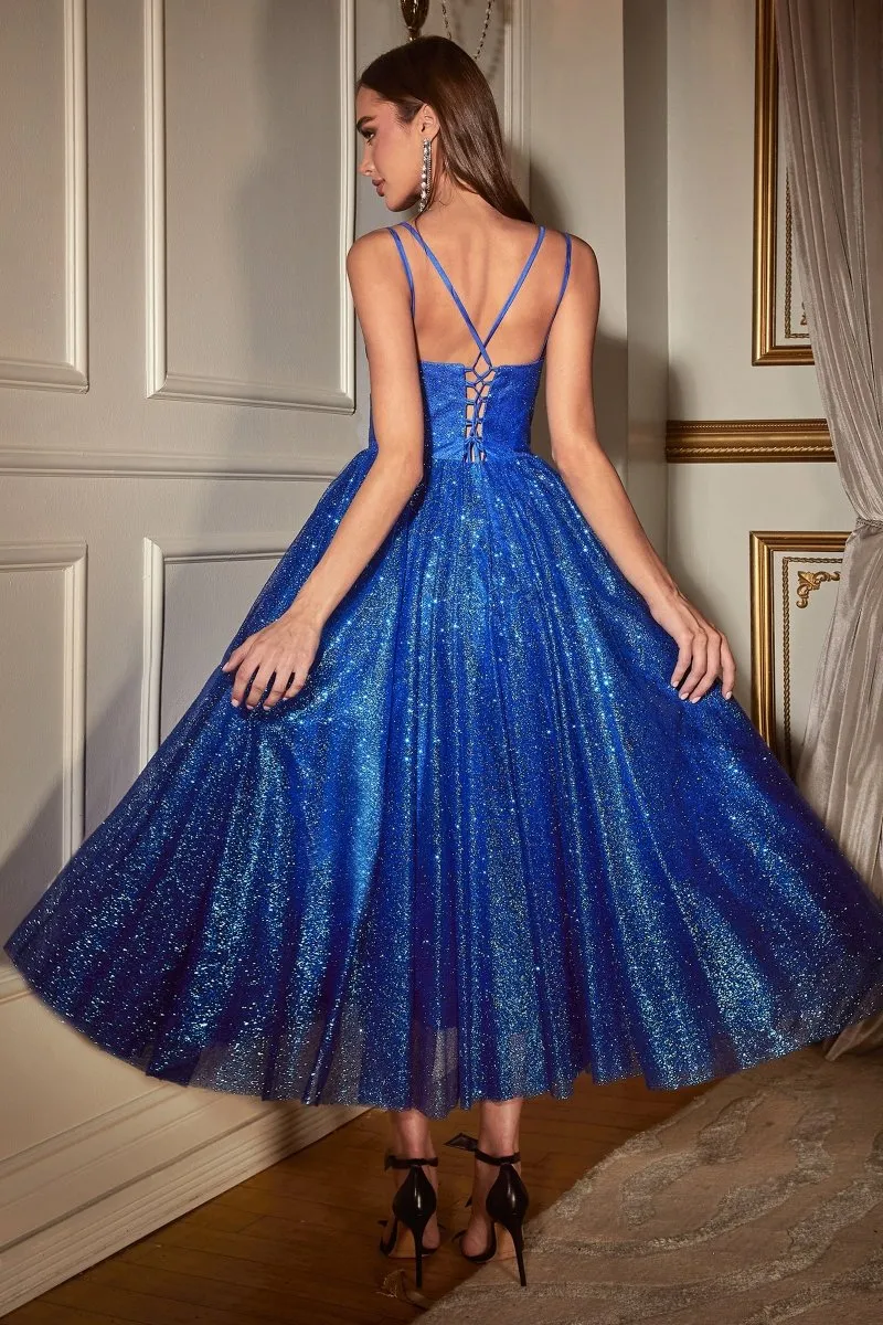 CAM Glitter Tea Length Ball Gown Corset Midi Dress