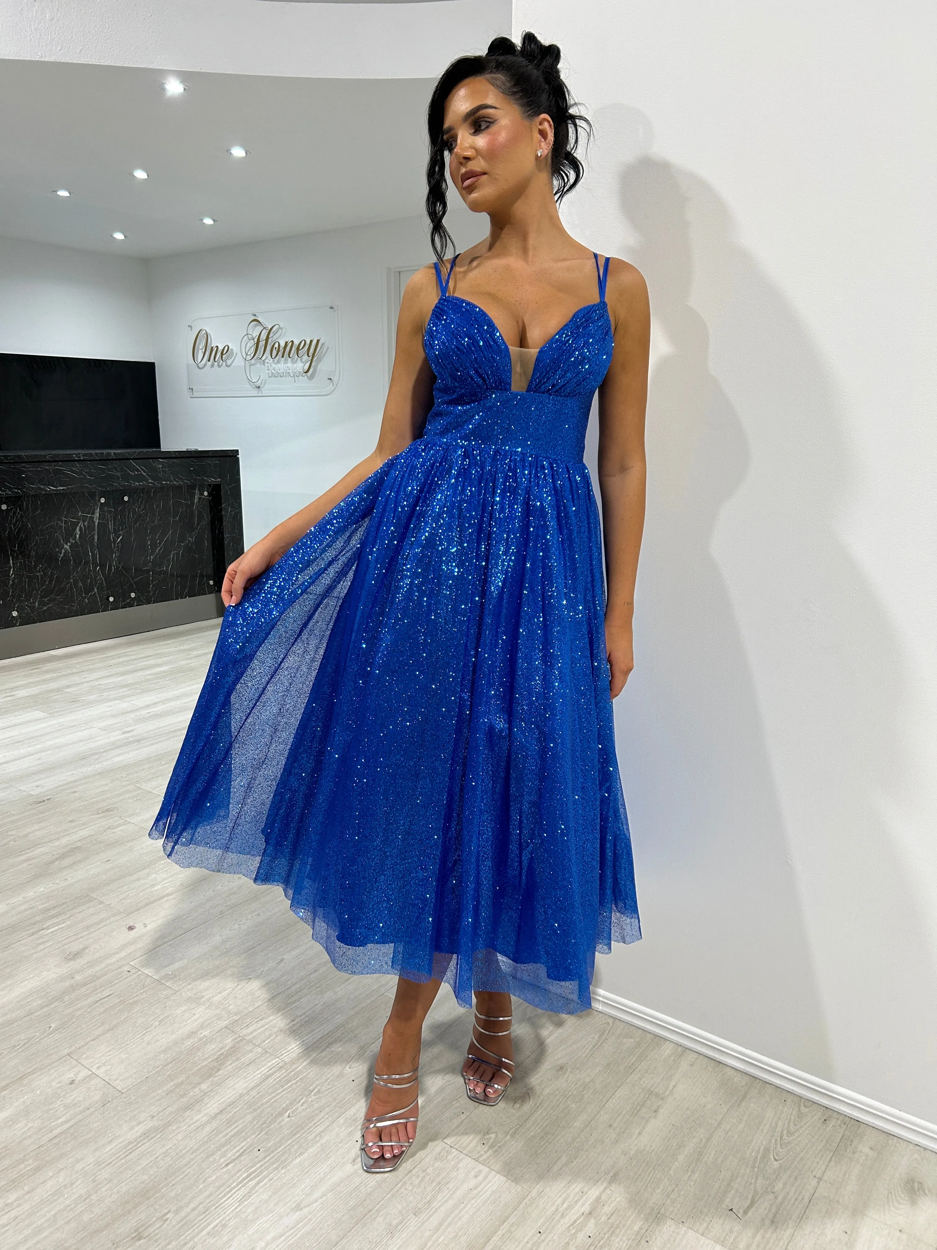 CAM Glitter Tea Length Ball Gown Corset Midi Dress