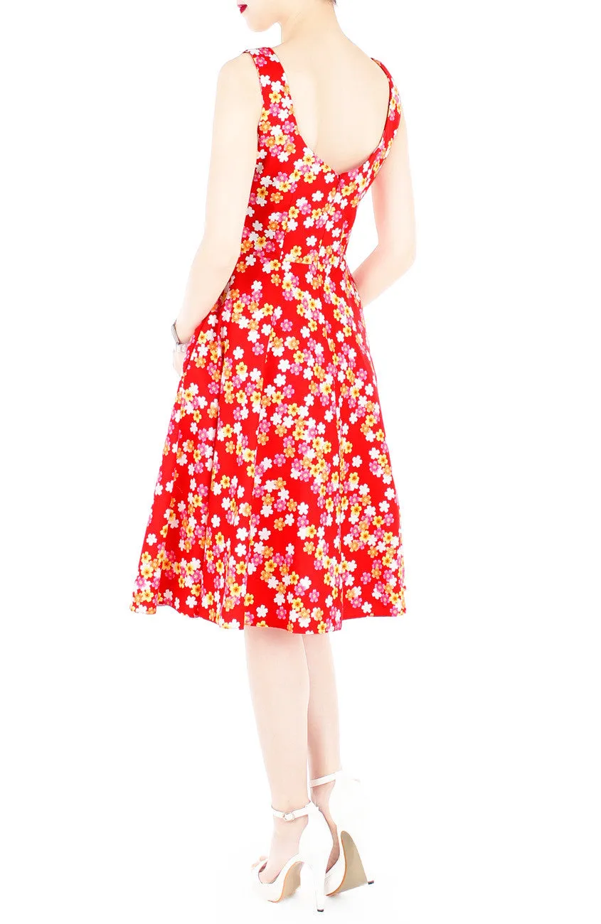 Celebratory Sakura Blooms Flare Midi Dress - Red