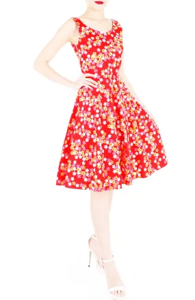 Celebratory Sakura Blooms Flare Midi Dress - Red