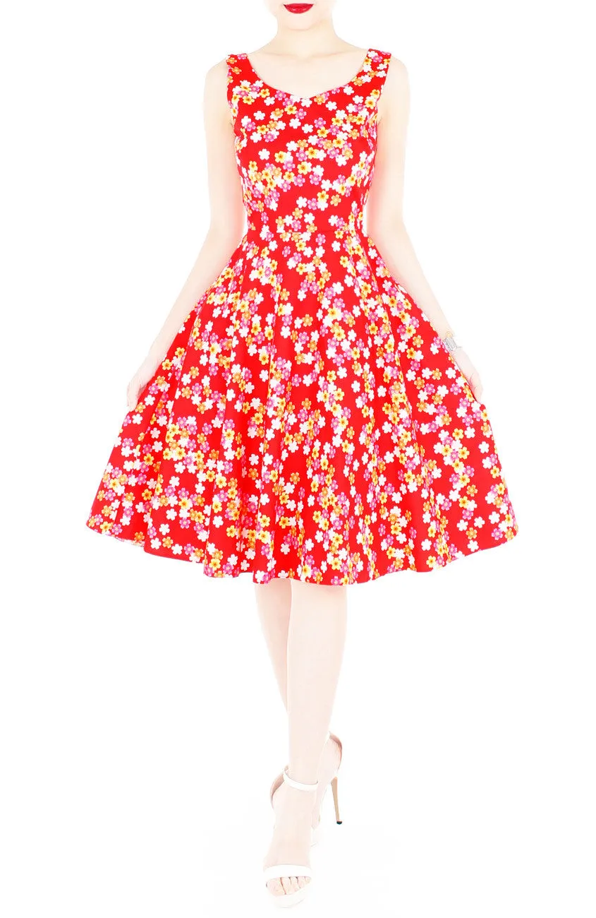 Celebratory Sakura Blooms Flare Midi Dress - Red