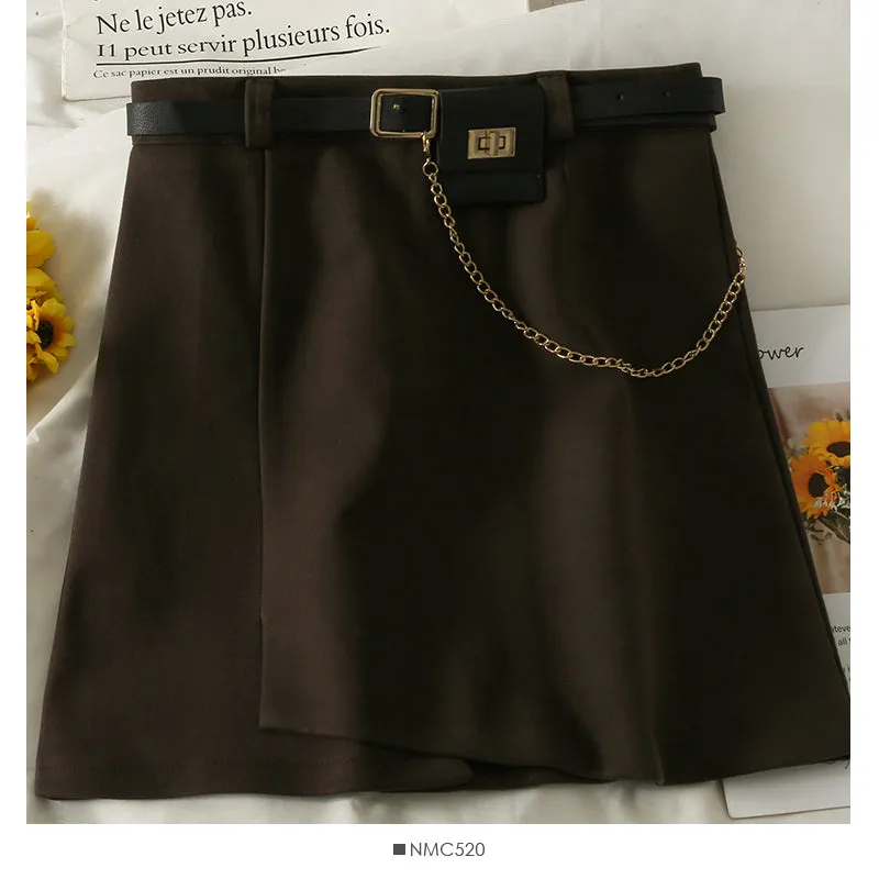 Chain decorative high waist slim A-line skirt  2630