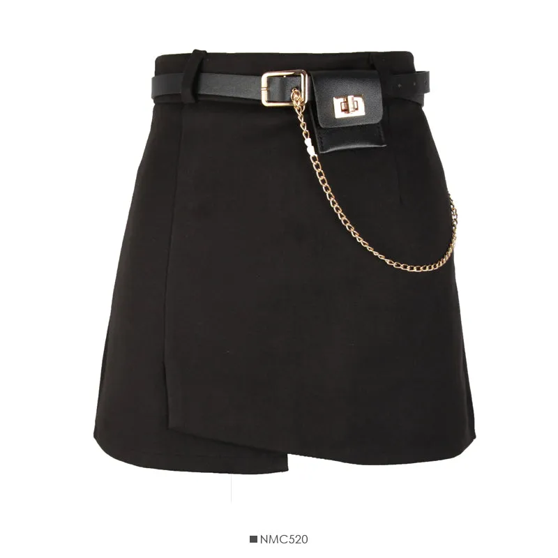 Chain decorative high waist slim A-line skirt  2630