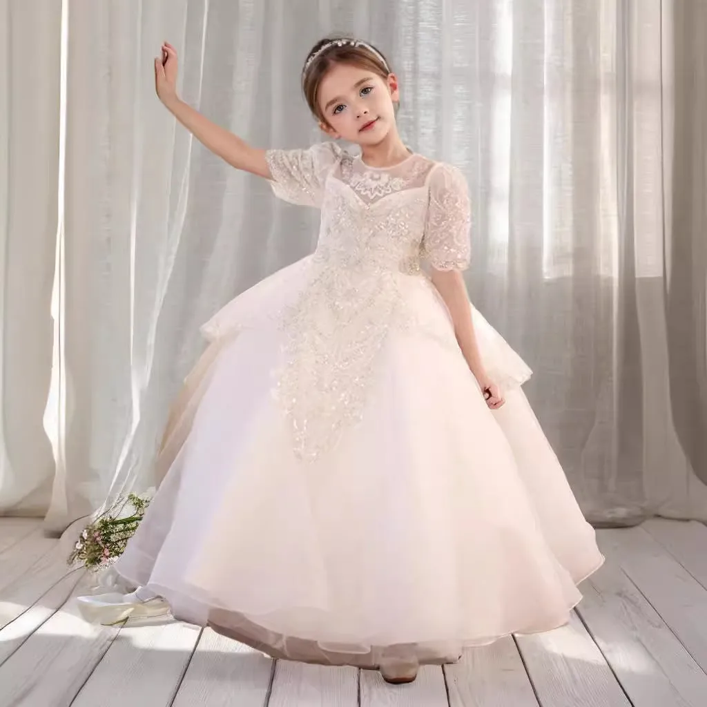 Champagne Girl's Dress Little Girl's Birthday Puffy Gauze Princess Dress Children's Piano Play Choir Costumes