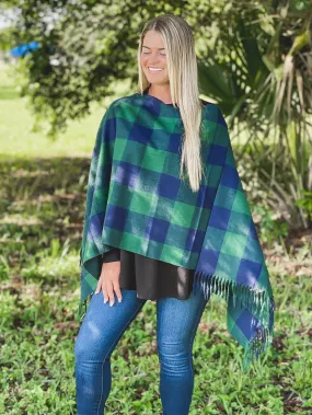 Checkered Fringe Poncho - Green & Navy