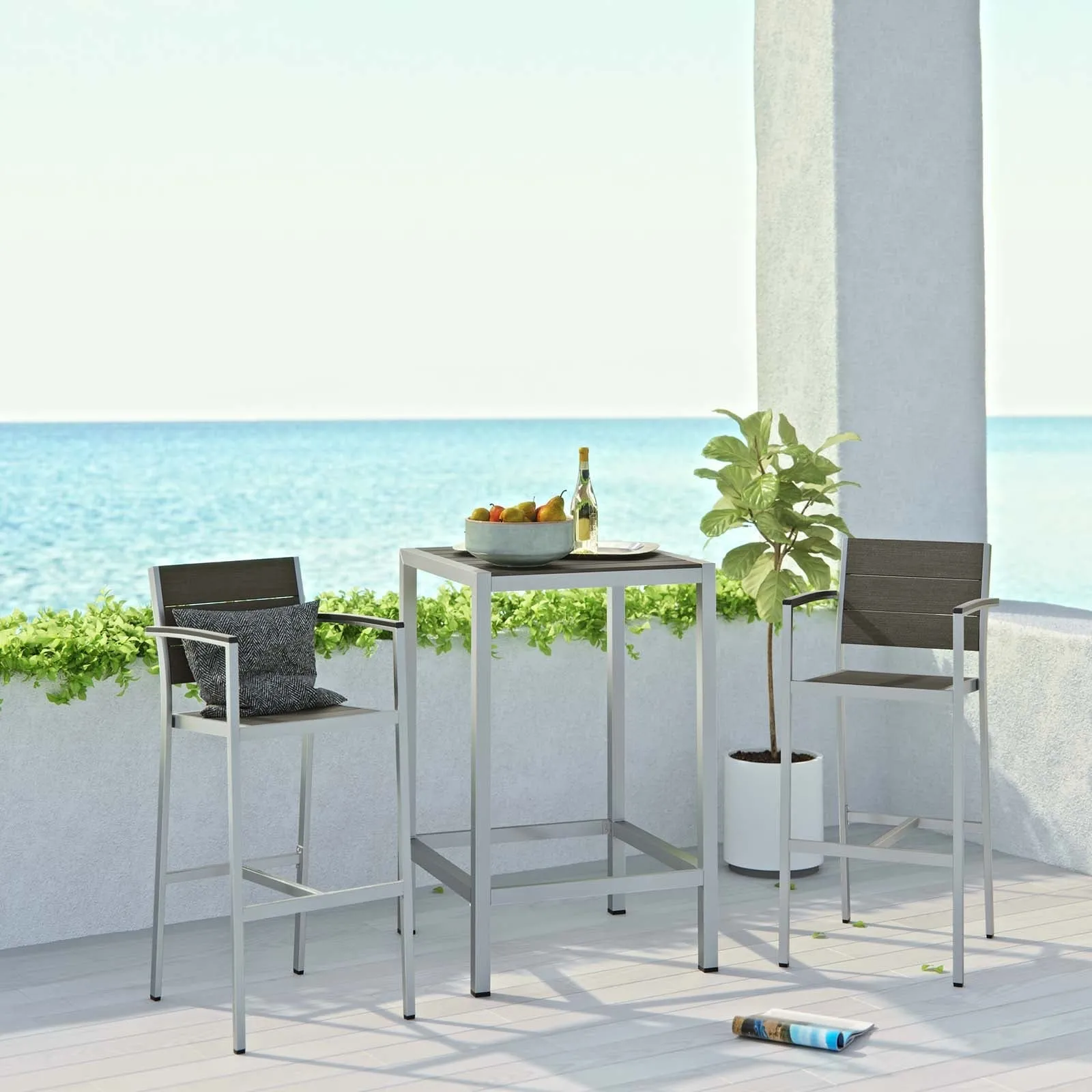 Coast 3 Piece Outdoor Patio Aluminum Pub Set With Armed Bar Stools