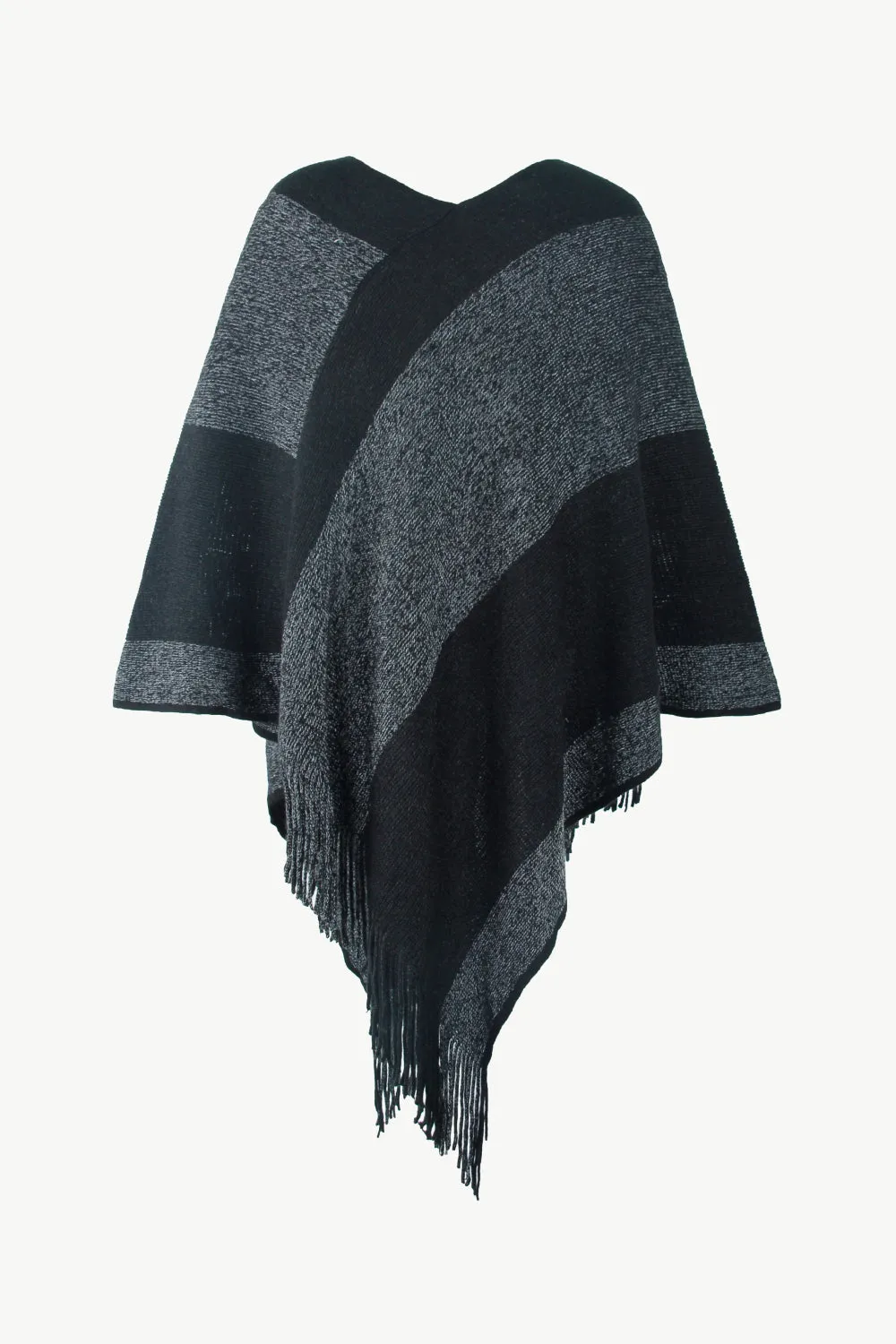 Color Block Fringe Hem Poncho