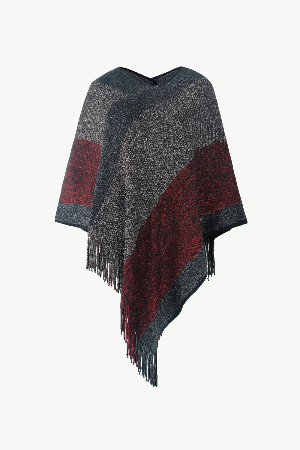 Color Block Fringe Hem Poncho