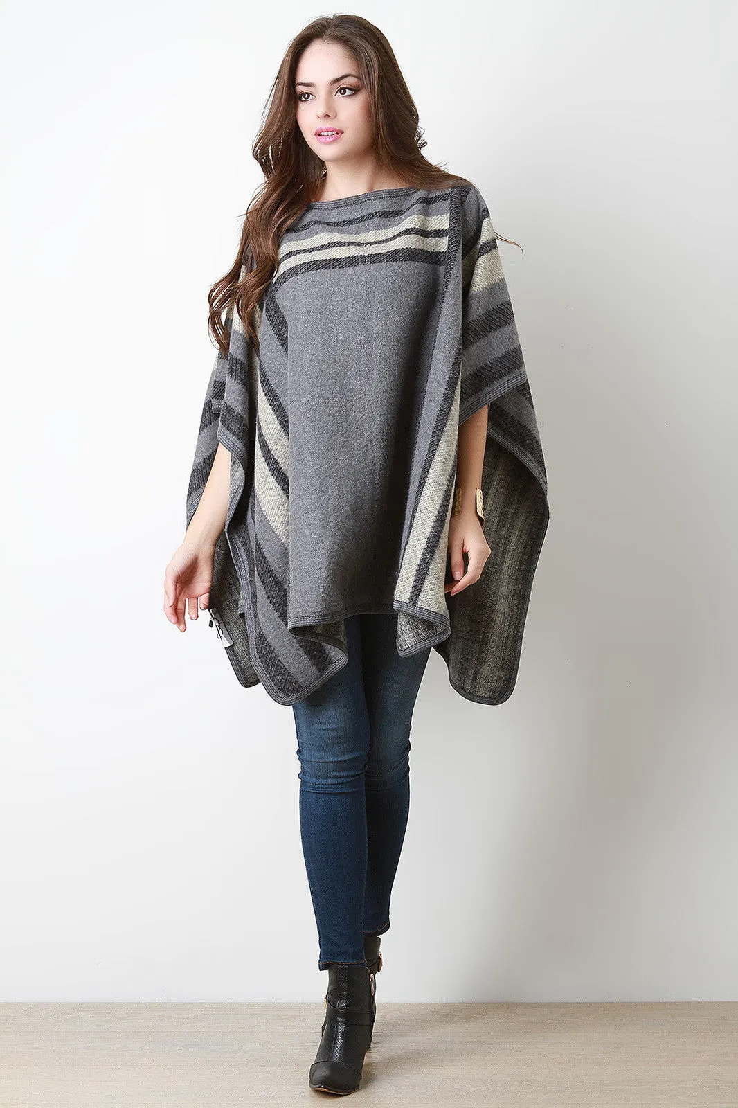 Colorblock Pattern Wool Pullover Poncho