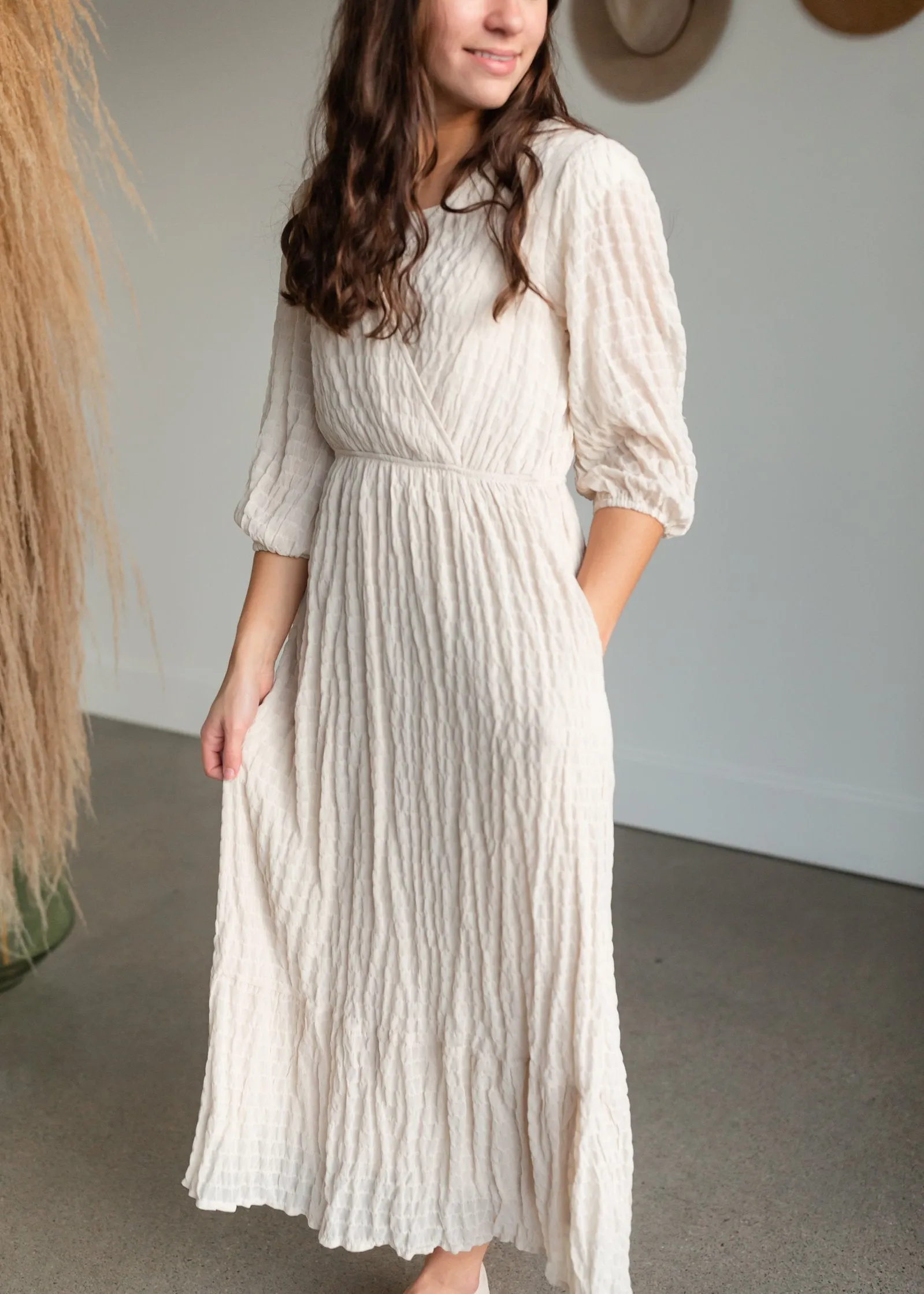 Cream Stretch Waist Lace Surplice Midi Dress - FINAL SALE