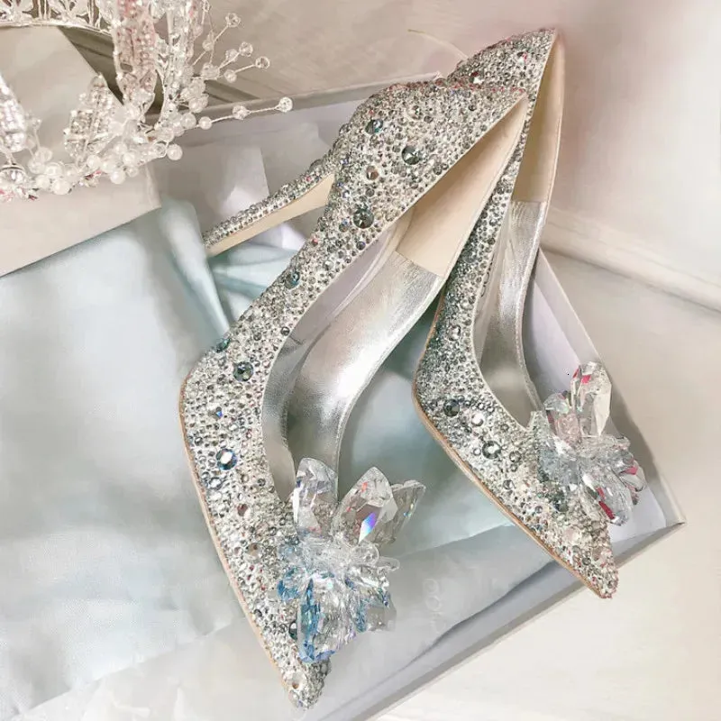 Crystal Gold Dress Bridal Shoes Silver Pointed High Heels Stiletto Bridesmaid Shallow Mouth Wedding Women 240615