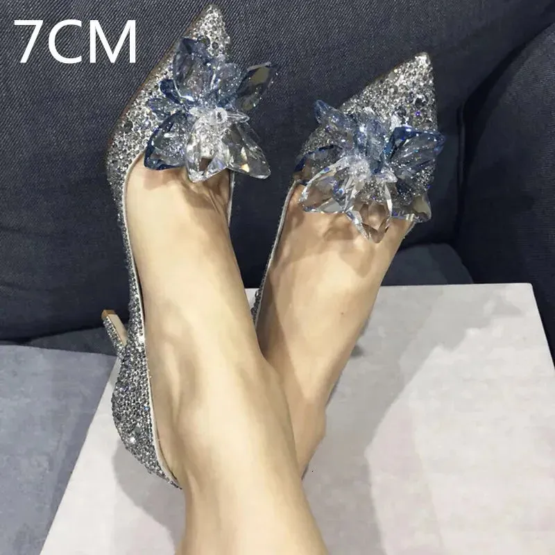 Crystal Gold Dress Bridal Shoes Silver Pointed High Heels Stiletto Bridesmaid Shallow Mouth Wedding Women 240615