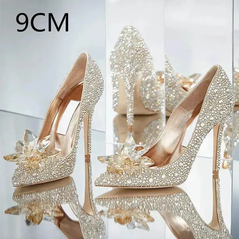 Crystal Gold Dress Bridal Shoes Silver Pointed High Heels Stiletto Bridesmaid Shallow Mouth Wedding Women 240615