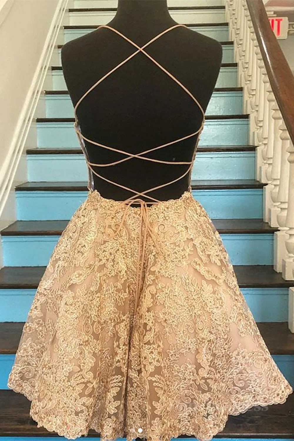 Cute Backless Short Golden Lace Prom Dresses Golden Lace Homecoming Dresses Short Golden Formal Evening Dresses